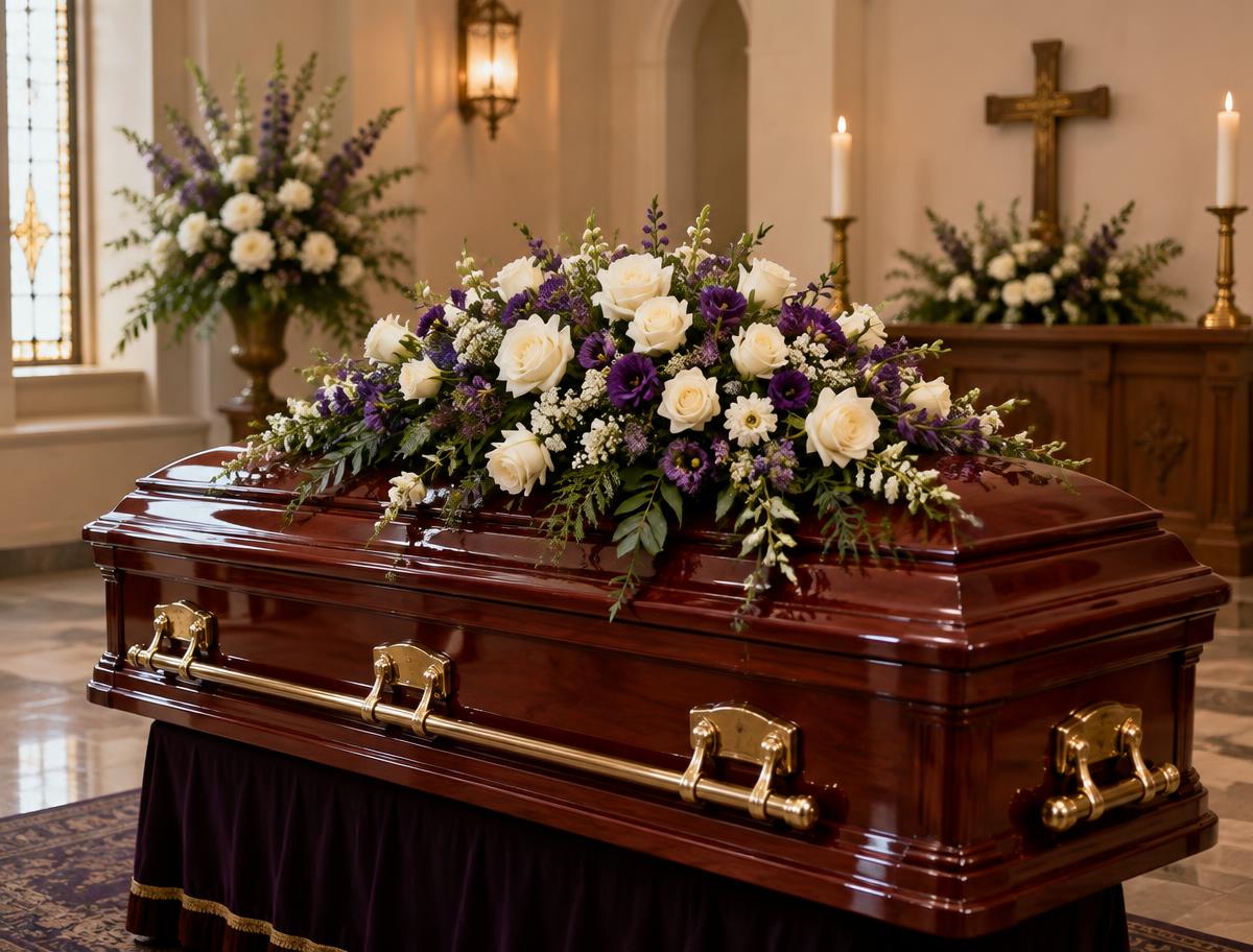 A polished mahogany casket with gold handles, topped with white roses and purple flowers