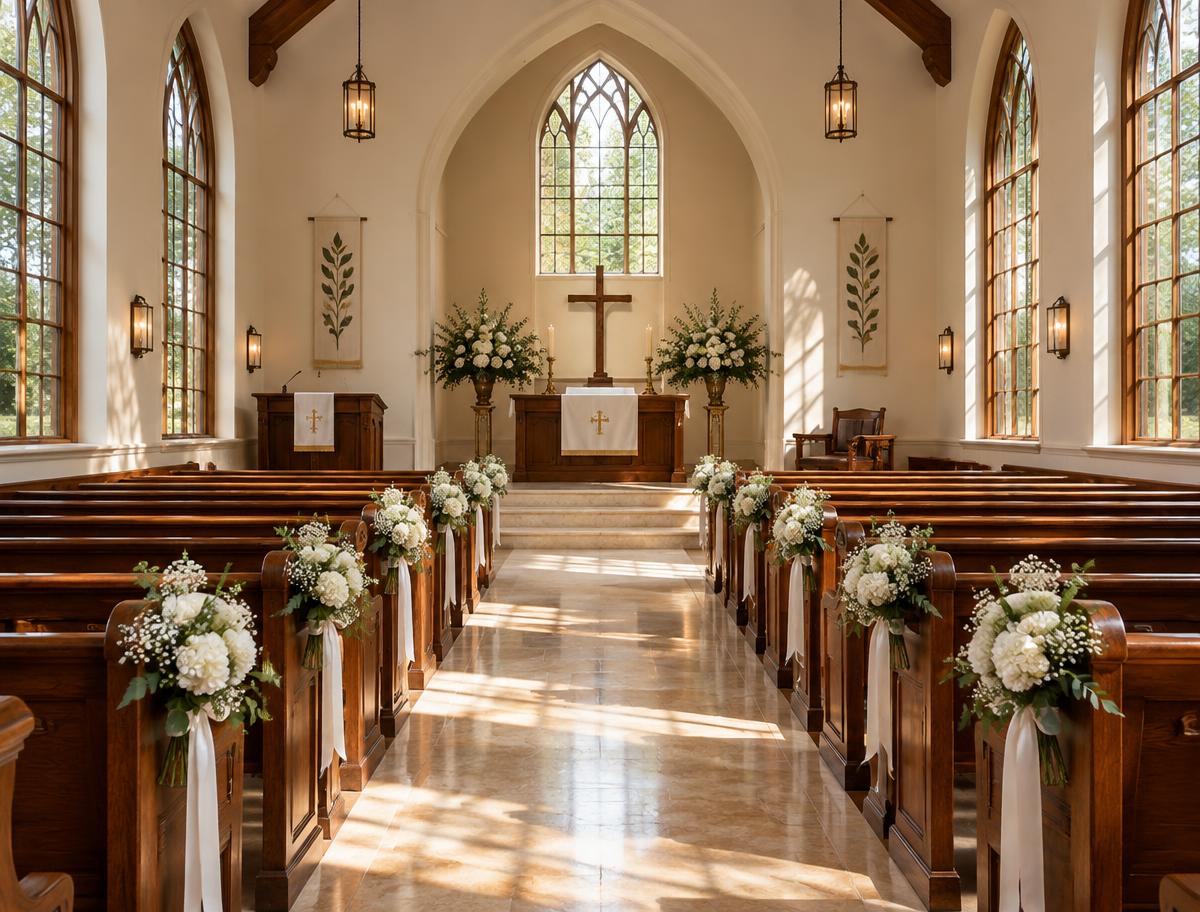 A sunlit chapel aisle lined with white floral arrangements on wooden pews
