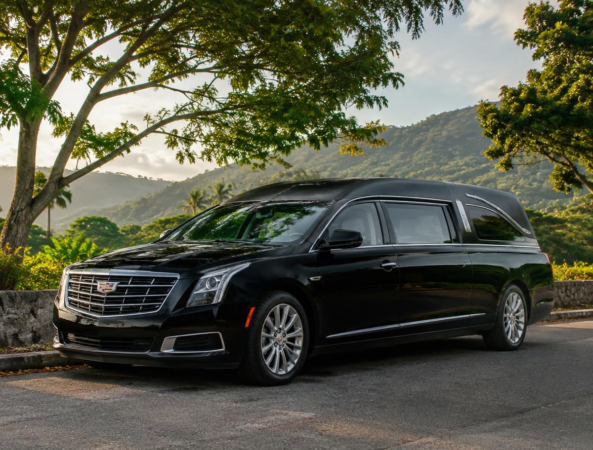 A polished black funeral coach parked on a tree-lined road with green hills behind